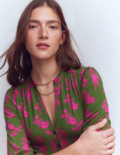 Amy Short Jersey Dress-Olive, Blossomy Sprig