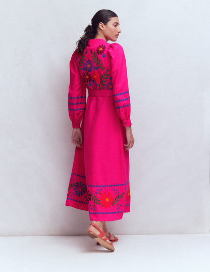 Ava Linen Blend Midi Dress-Multi Embroidery