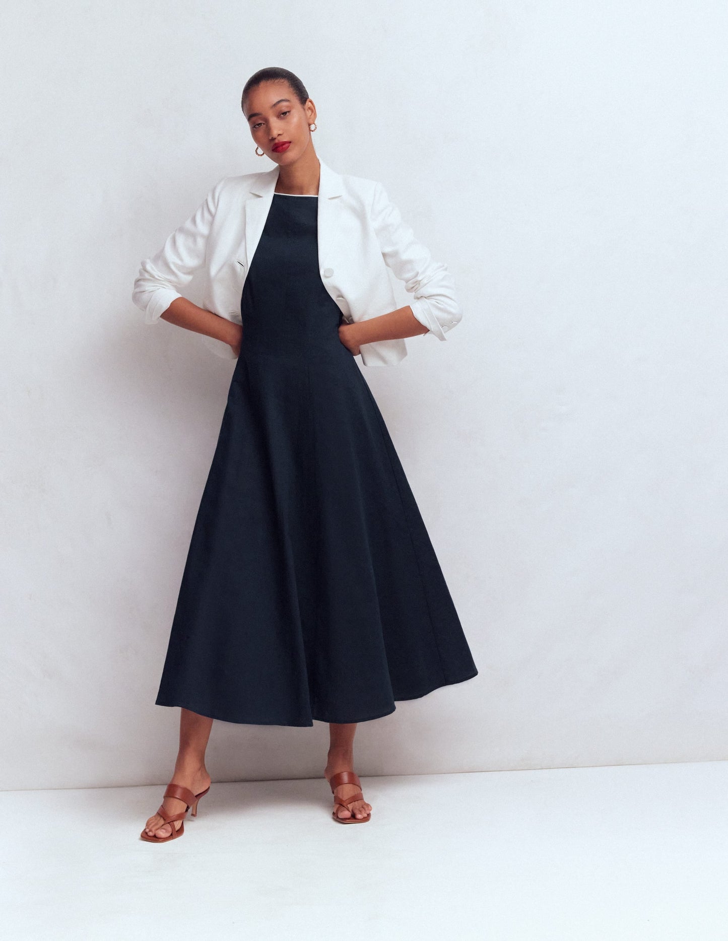 Annet Linen Blend Midi Dress-Navy