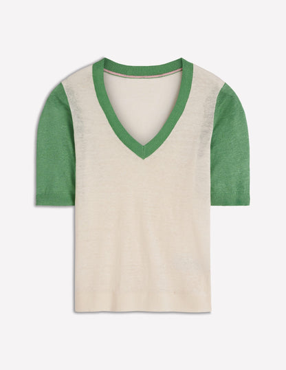 Agnes Linen V Neck T-Shirt-Ivory/ Green
