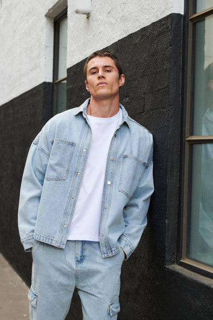 Drop Shoulder Denim Shirt Ocean