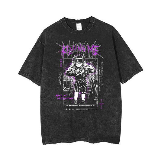 Anime Print Retro Washed Short Sleeved Loose