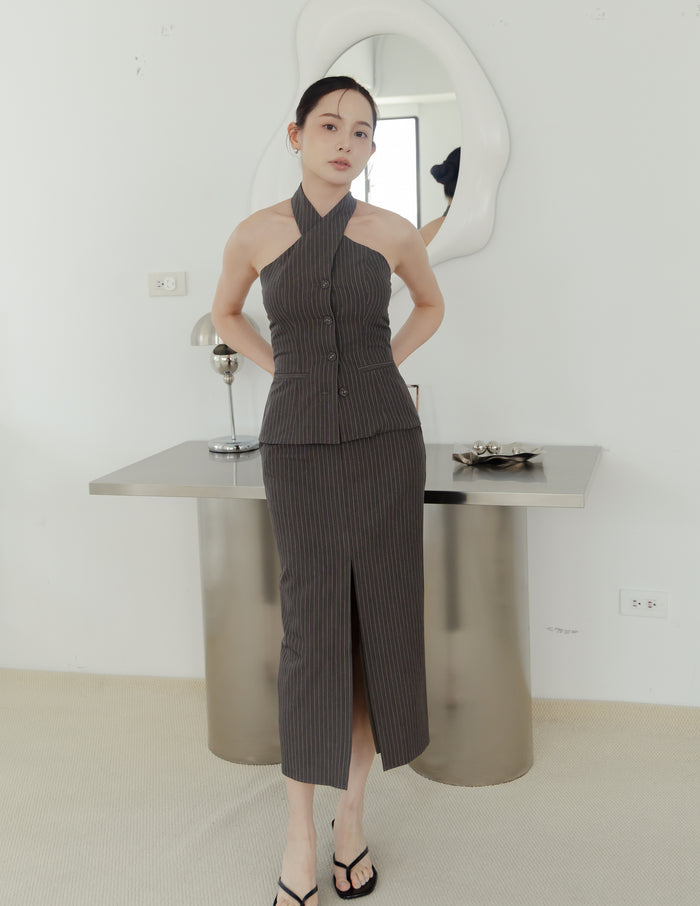 Ada Pinstripe Halter Top in Dark Grey