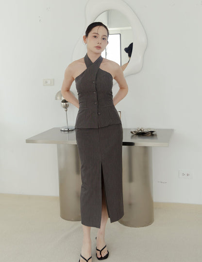 Ada Pinstripe Halter Top in Dark Grey