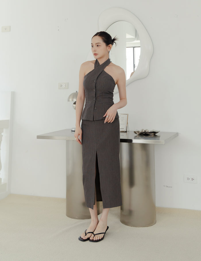 Ada Pinstripe Halter Top in Dark Grey