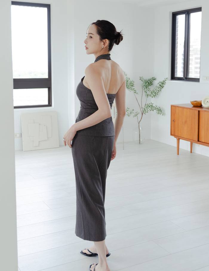 Ada Pinstripe Halter Top in Dark Grey