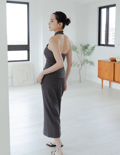 Ada Pinstripe Halter Top in Dark Grey