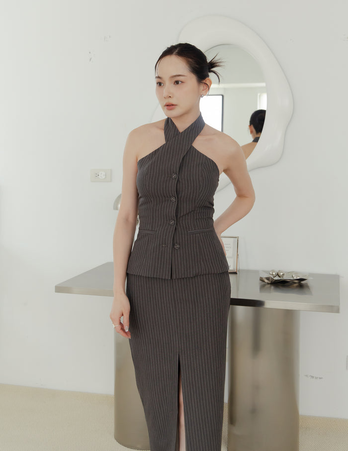 Ada Pinstripe Halter Top in Dark Grey