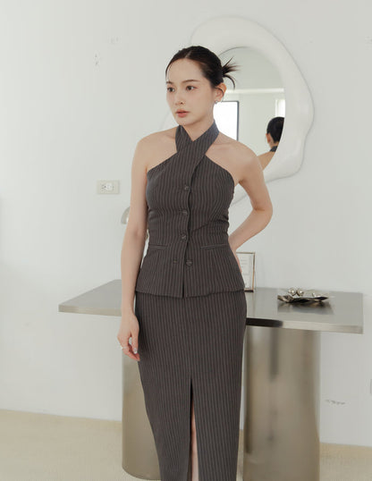Ada Pinstripe Halter Top in Dark Grey