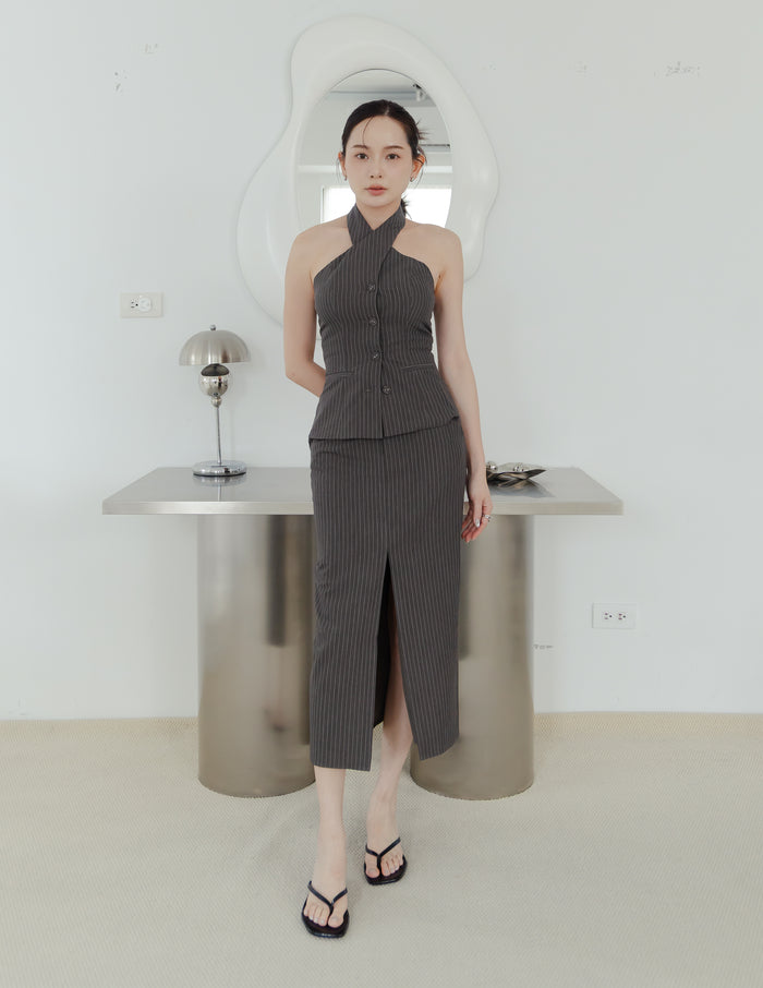 Ada Pinstripe Halter Top in Dark Grey