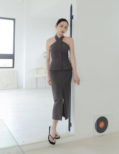 Ada Pinstripe Halter Top in Dark Grey