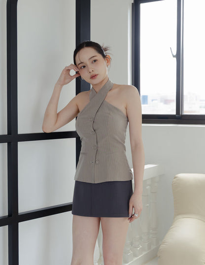 Ada Pinstripe Halter Top in Taupe