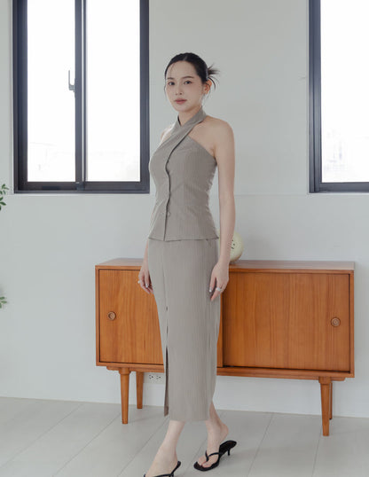 Ada Pinstripe Halter Top in Taupe
