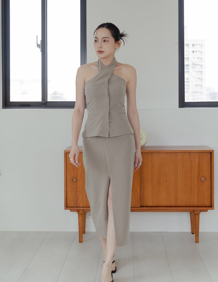 Ada Pinstripe Halter Top in Taupe