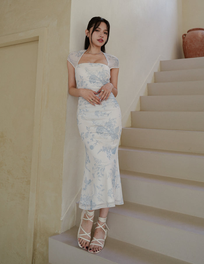 Adrianna Floral Mesh Padded Dress in Blue