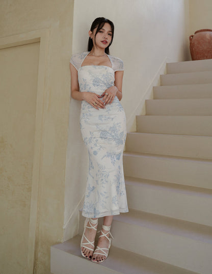 Adrianna Floral Mesh Padded Dress in Blue