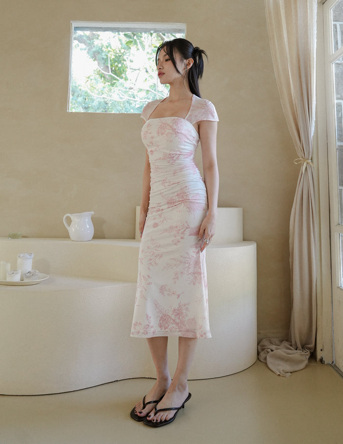 Adrianna Floral Mesh Padded Dress in Pink