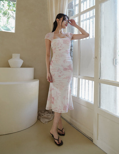Adrianna Floral Mesh Padded Dress in Pink