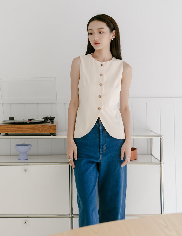 Allison Button Front Vest Top in Beige