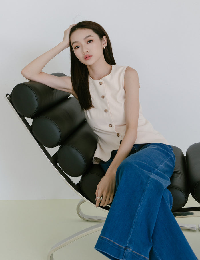 Allison Button Front Vest Top in Beige