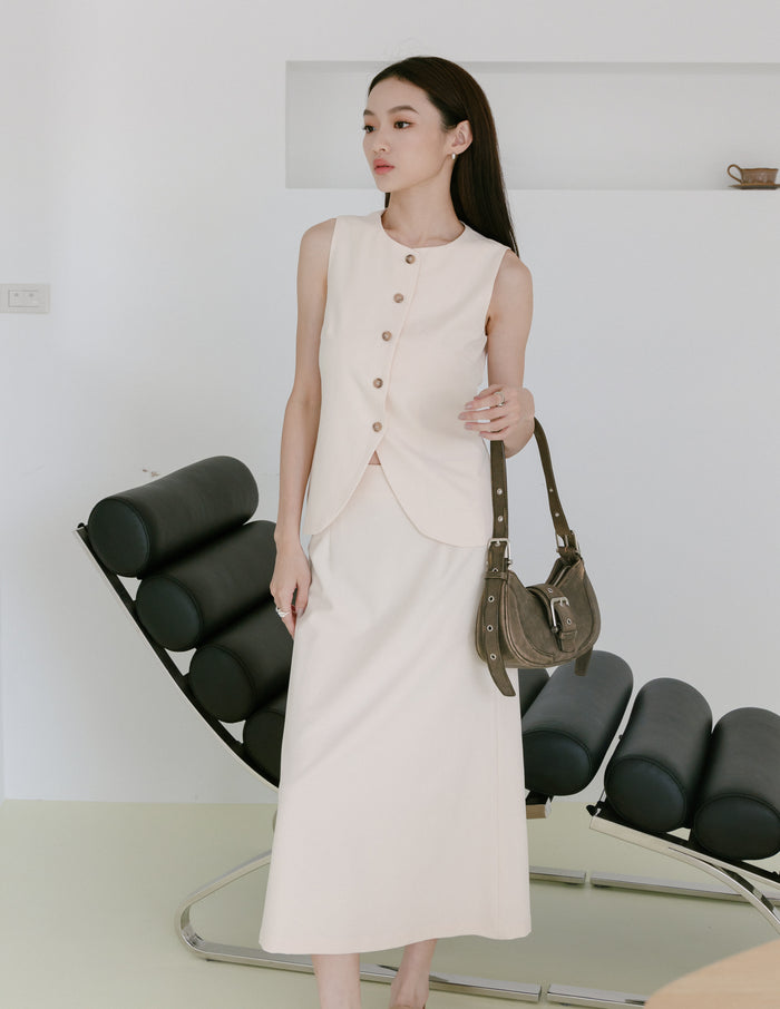 Allison Button Front Vest Top in Beige
