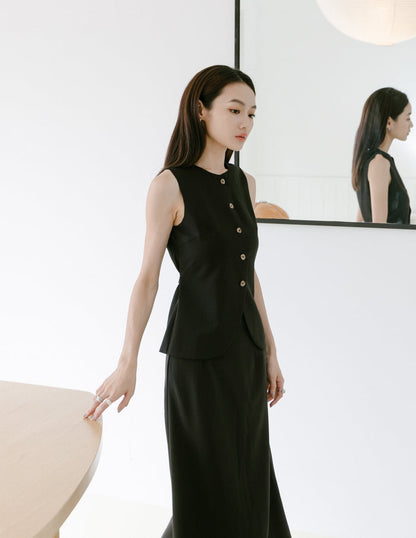 Allison Button Front Vest Top in Black