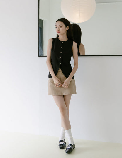 Allison Button Front Vest Top in Black