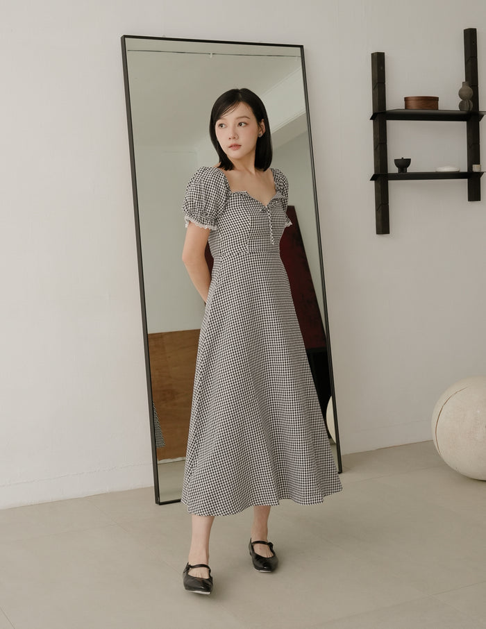 Anna Padded Midi Dress in Gingham
