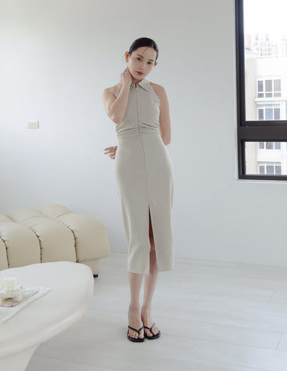 Annie Pinstripe Midi Dress in Beige