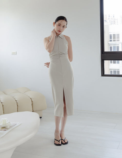 Annie Pinstripe Midi Dress in Beige