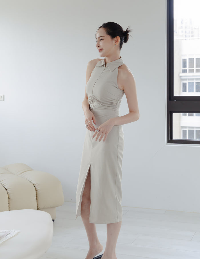 Annie Pinstripe Midi Dress in Beige