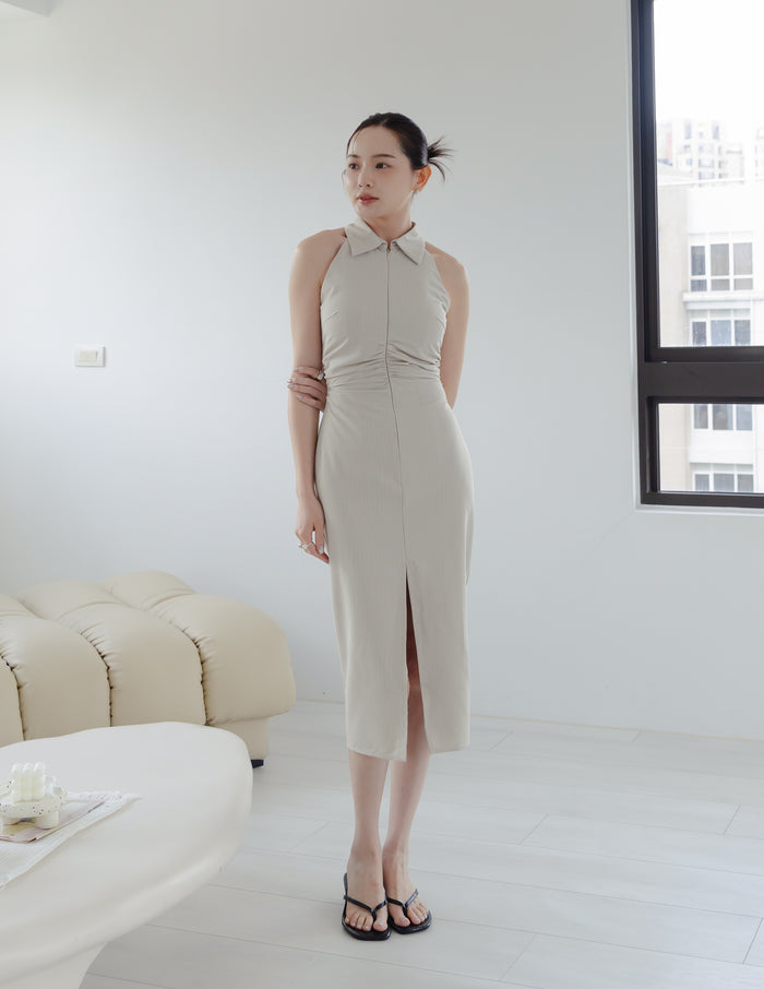 Annie Pinstripe Midi Dress in Beige