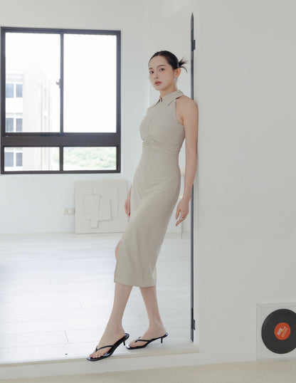 Annie Pinstripe Midi Dress in Beige