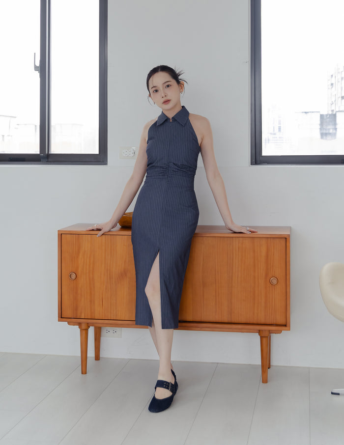 Annie Pinstripe Midi Dress in Slate Navy