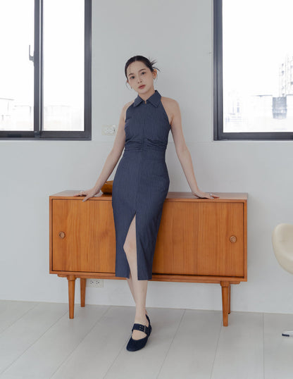 Annie Pinstripe Midi Dress in Slate Navy