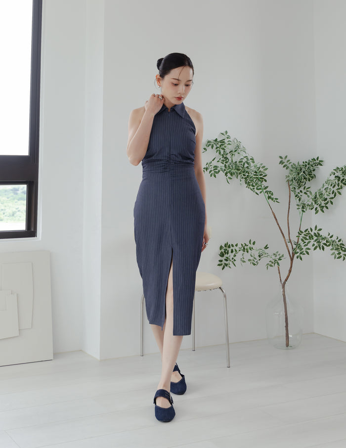 Annie Pinstripe Midi Dress in Slate Navy
