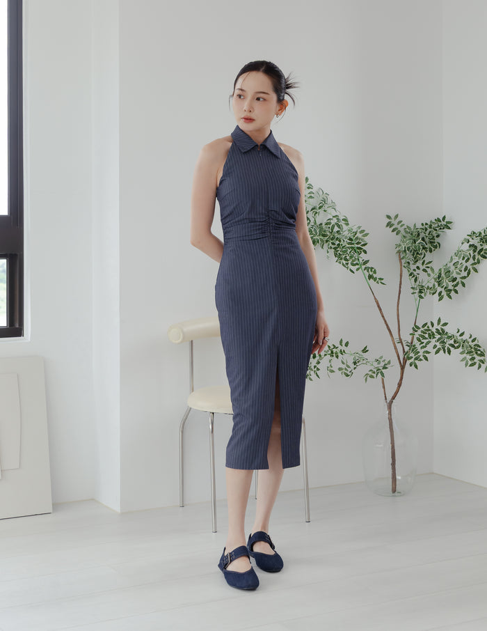 Annie Pinstripe Midi Dress in Slate Navy