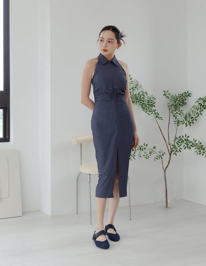 Annie Pinstripe Midi Dress in Slate Navy
