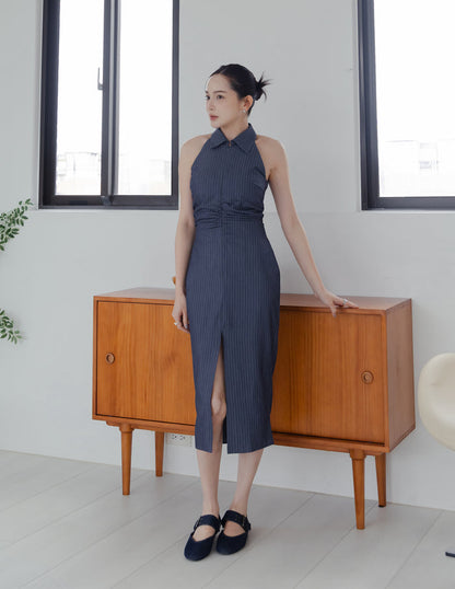 Annie Pinstripe Midi Dress in Slate Navy