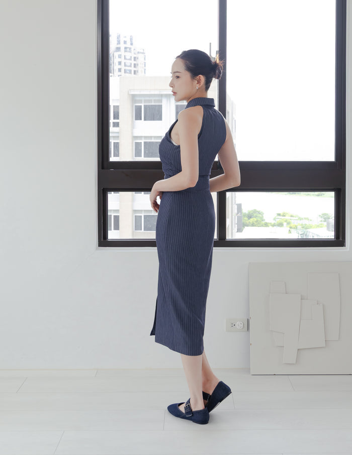 Annie Pinstripe Midi Dress in Slate Navy