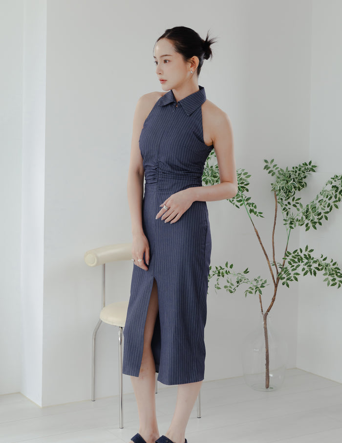 Annie Pinstripe Midi Dress in Slate Navy