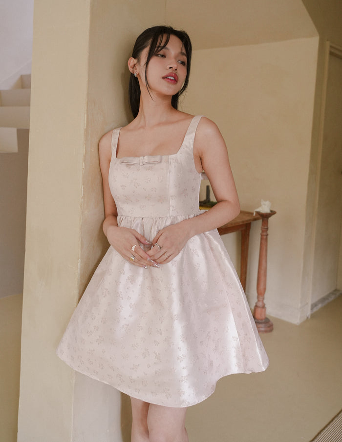 Barbara Bow Jacquard Dress in Pale Pink