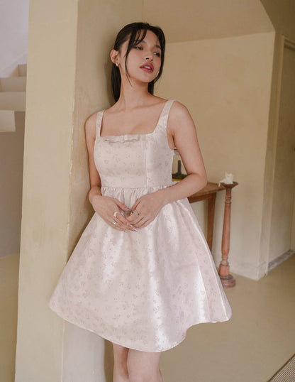 Barbara Bow Jacquard Dress in Pale Pink