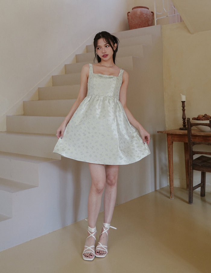 Barbara Bow Jacquard Dress in Pistachio