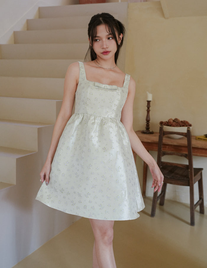 Barbara Bow Jacquard Dress in Pistachio