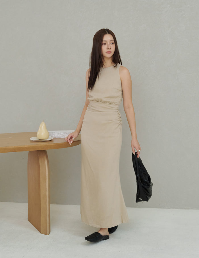 Cameron Ruched Dress in Beige