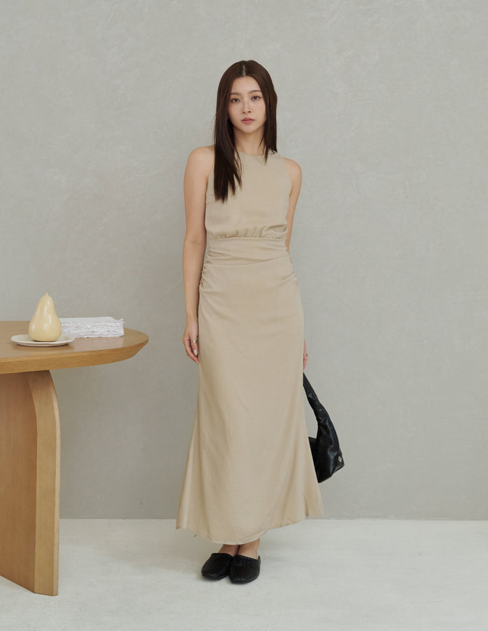 Cameron Ruched Dress in Beige