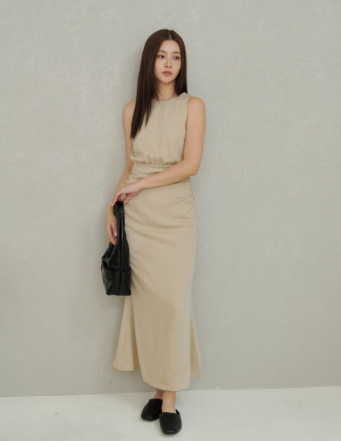Cameron Ruched Dress in Beige