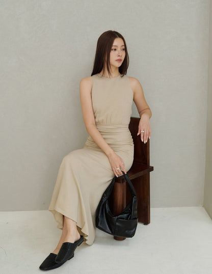 Cameron Ruched Dress in Beige