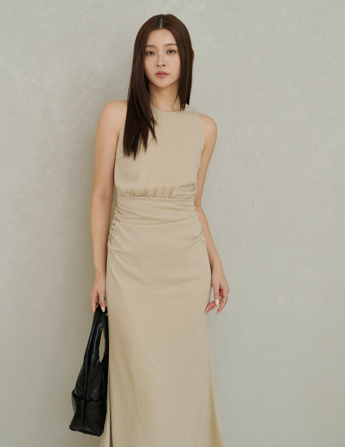 Cameron Ruched Dress in Beige